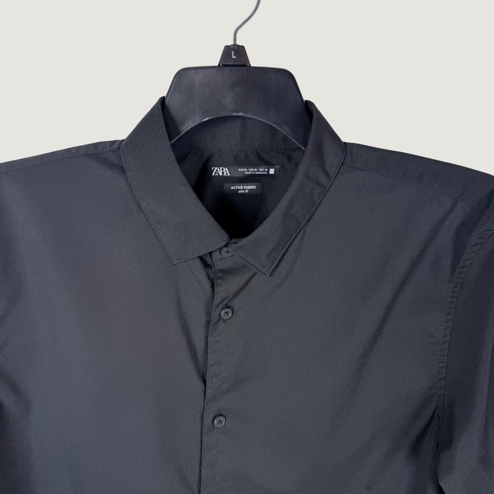 Zara Mens XL Active Fabric Slim Fit Button Up Dress Shirt Black LS Performance